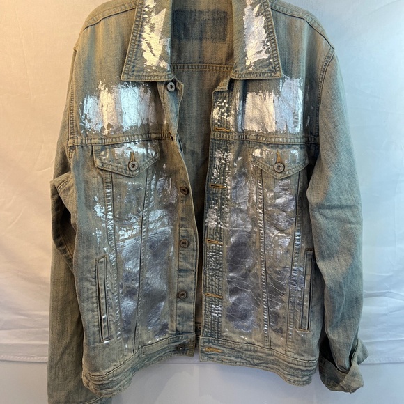 Vintage 'CLOCKHOUSE' Silver Metallic Painted Bleached Wash Denim Jacket M Unisex - Picture 2 of 9